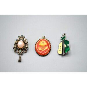 Brooch/Pendant Lot Enamel Guitar Red Flower Crown Ornate Pearl Coro